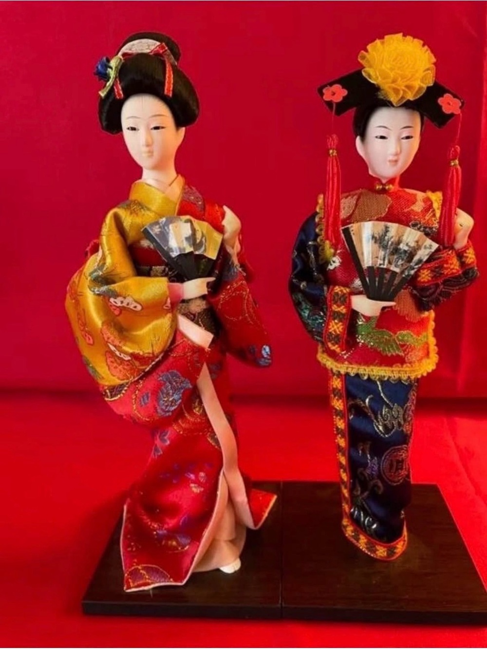 VTG Asian Lady Dolls Chinese & Japanese Silk Costume Wood Stands 10.5”